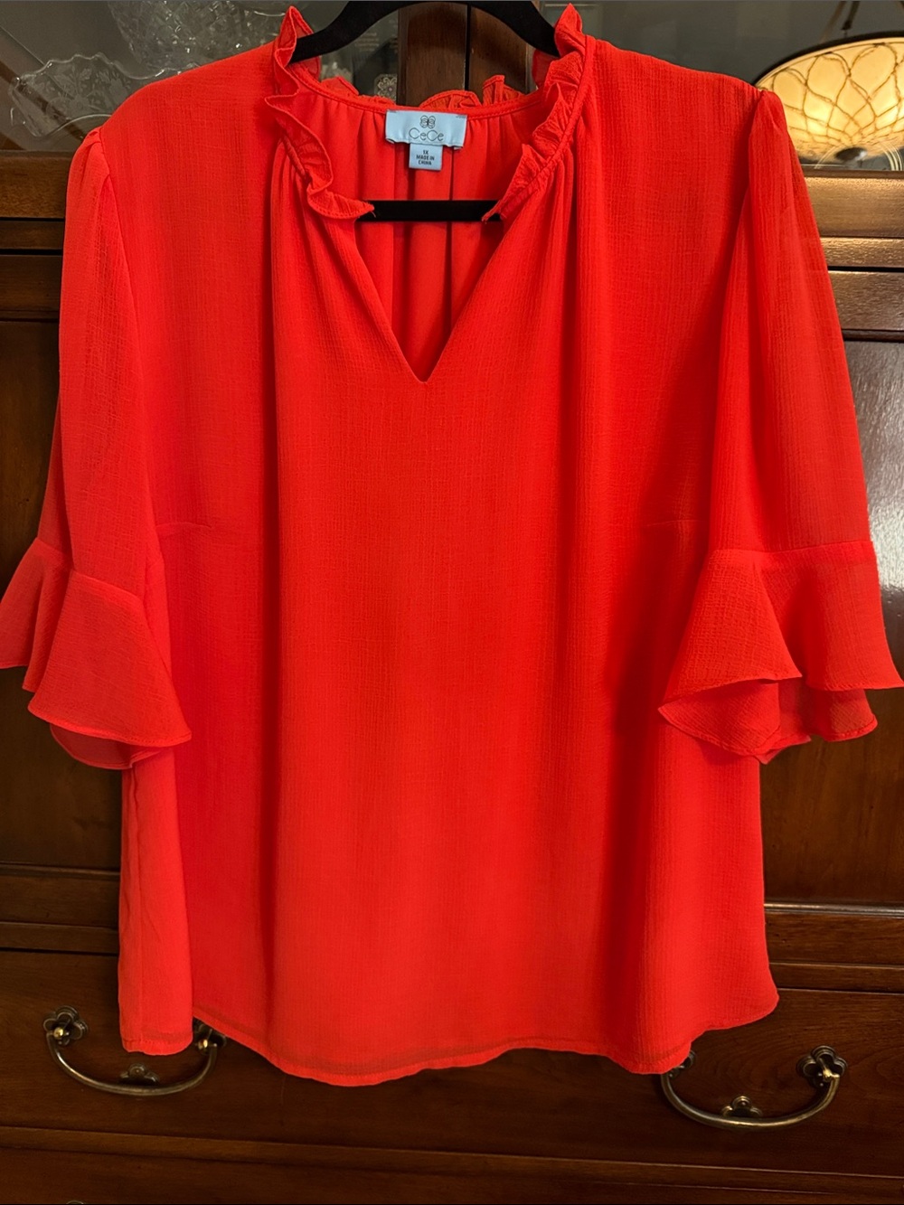 CeCe Bright Red Ruffle V-Neck Blouse